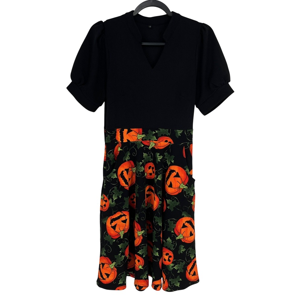 Womens Halloween Dress Small Jack O Lantern Pumpkin Puff Sleeve Fit and Flare - Picture 2 of 9